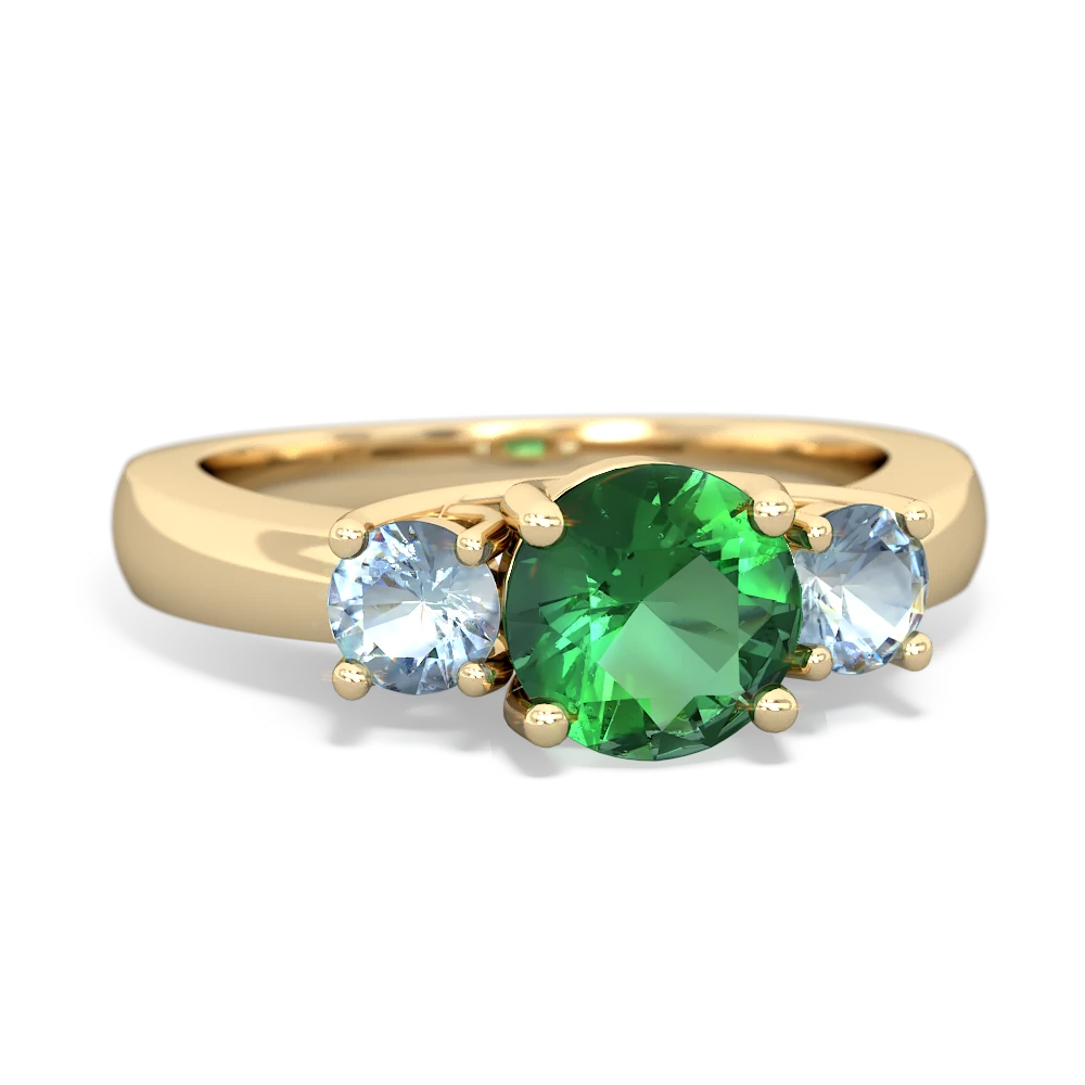 Lab Emerald Three Stone Round Trellis 14K Yellow Gold ring R4018