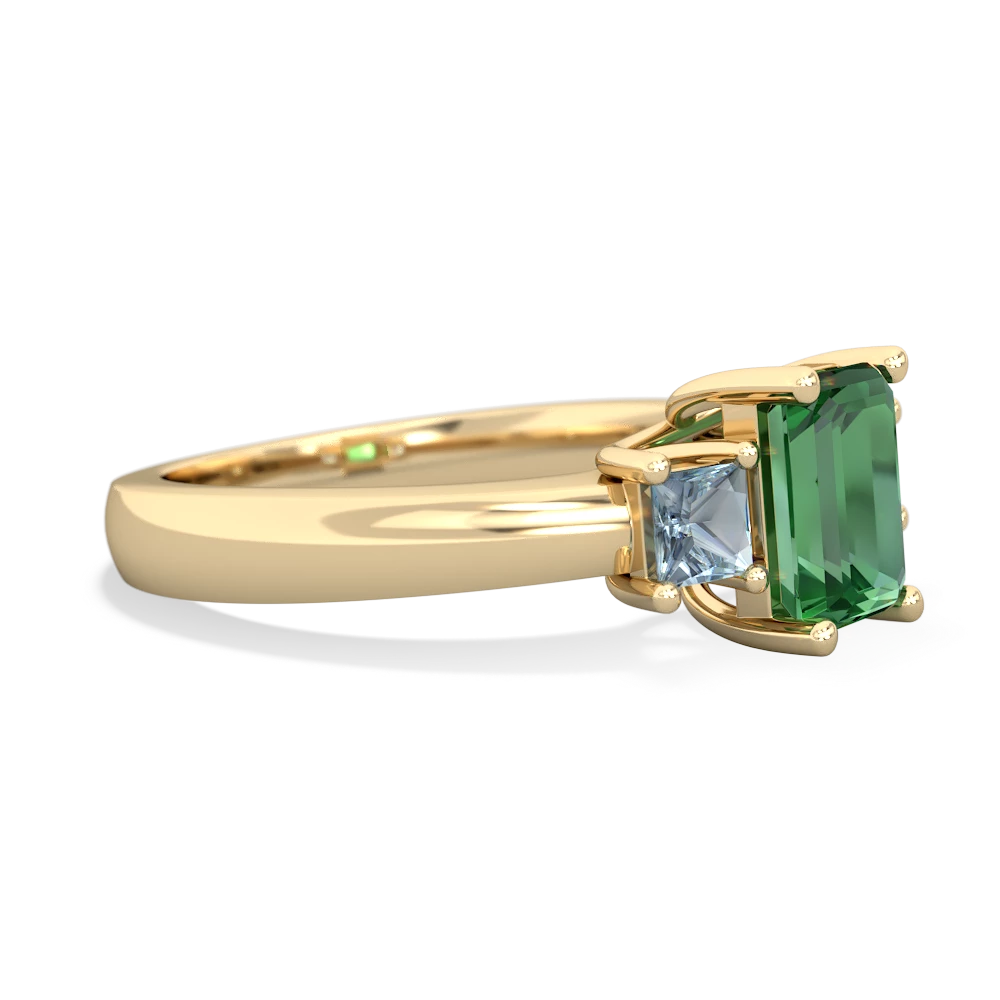 Lab Emerald Three Stone Emerald-Cut Trellis 14K Yellow Gold ring R4021