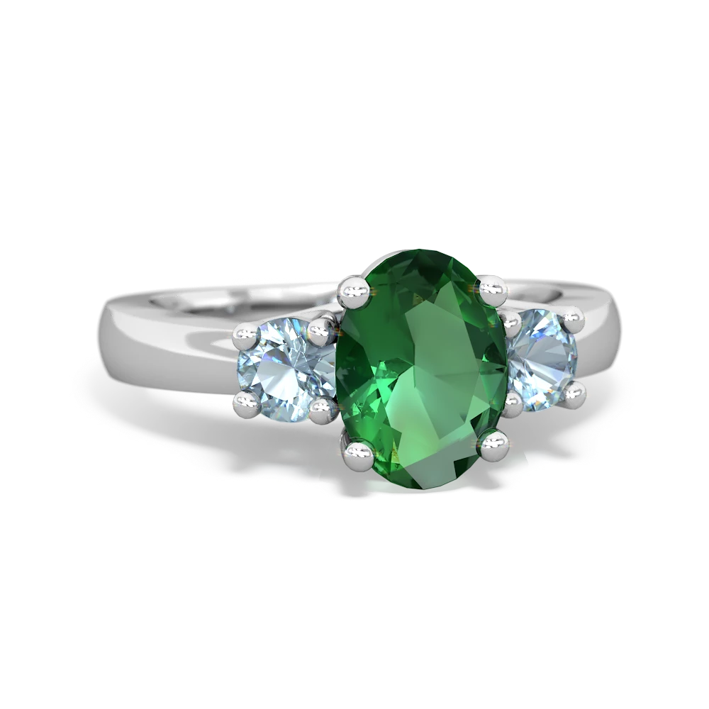 Lab Emerald Three Stone Oval Trellis 14K White Gold ring R4024