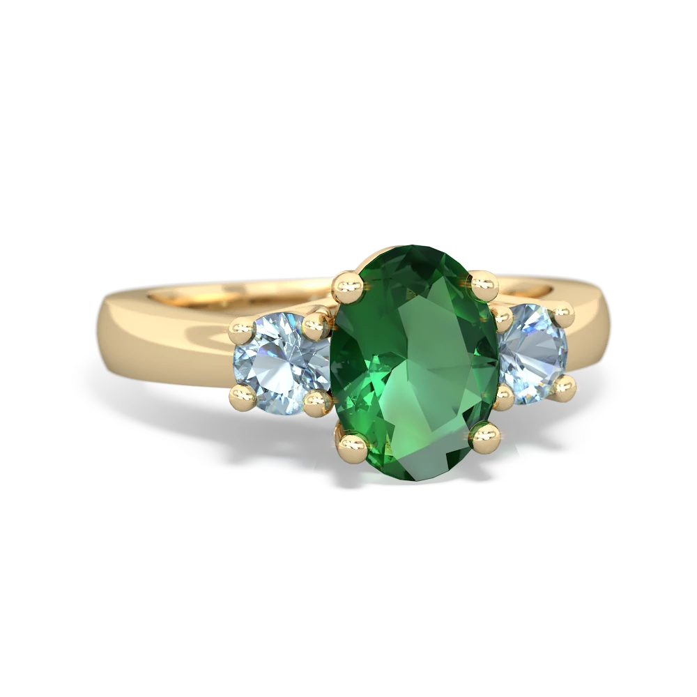 Lab Emerald Three Stone Oval Trellis 14K Yellow Gold ring R4024