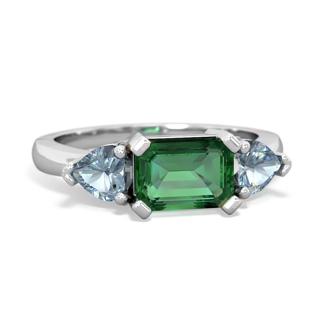 Lab Emerald Three Stone 14K White Gold ring R5235