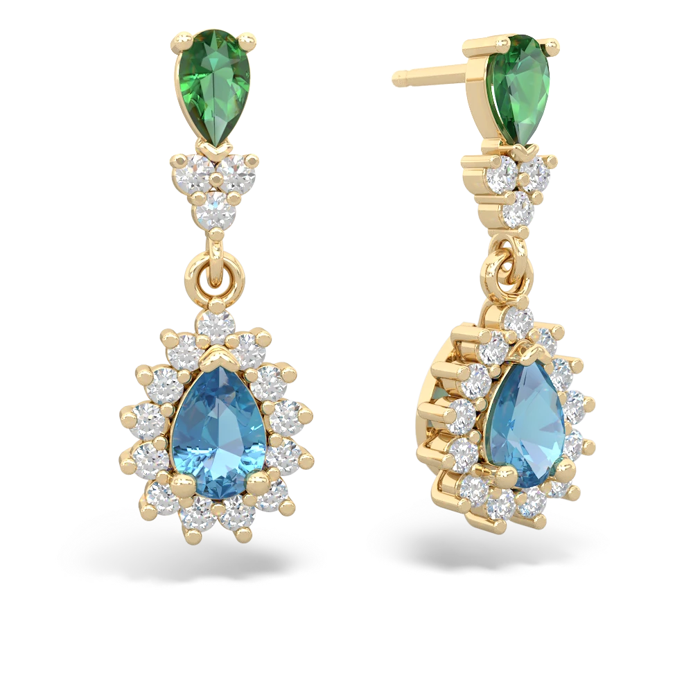 Lab Emerald Halo Pear Dangle 14K Yellow Gold earrings E1882