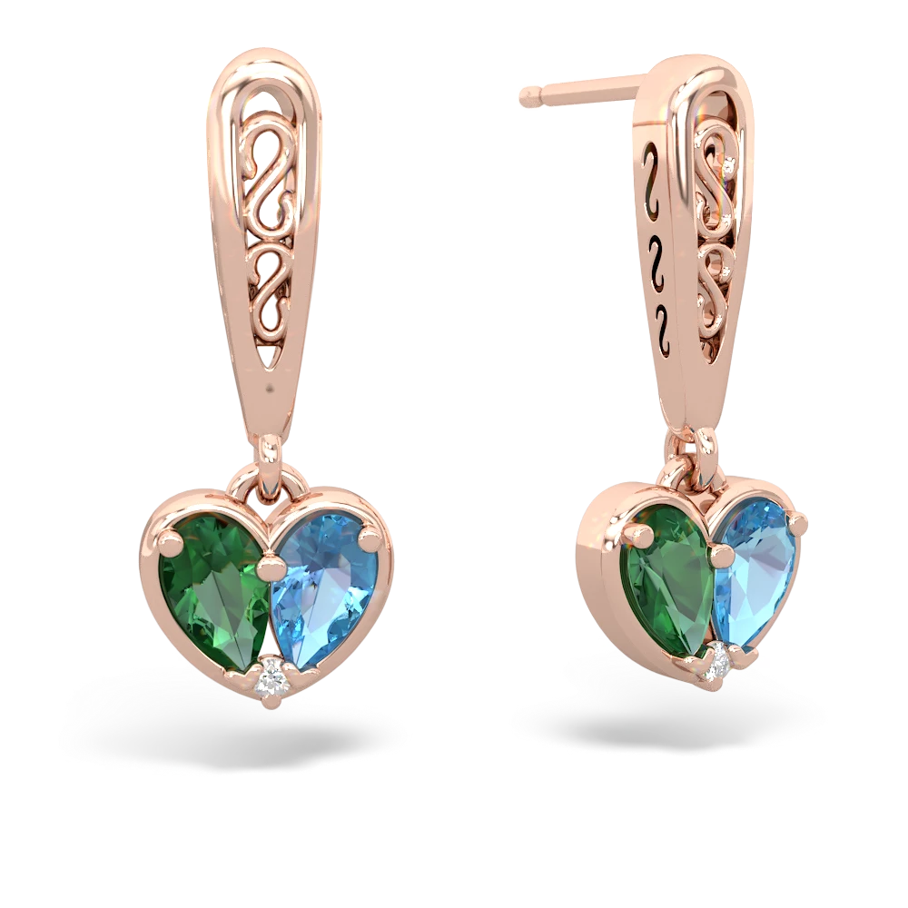 Lab Emerald Filligree Heart 14K Rose Gold earrings E5070