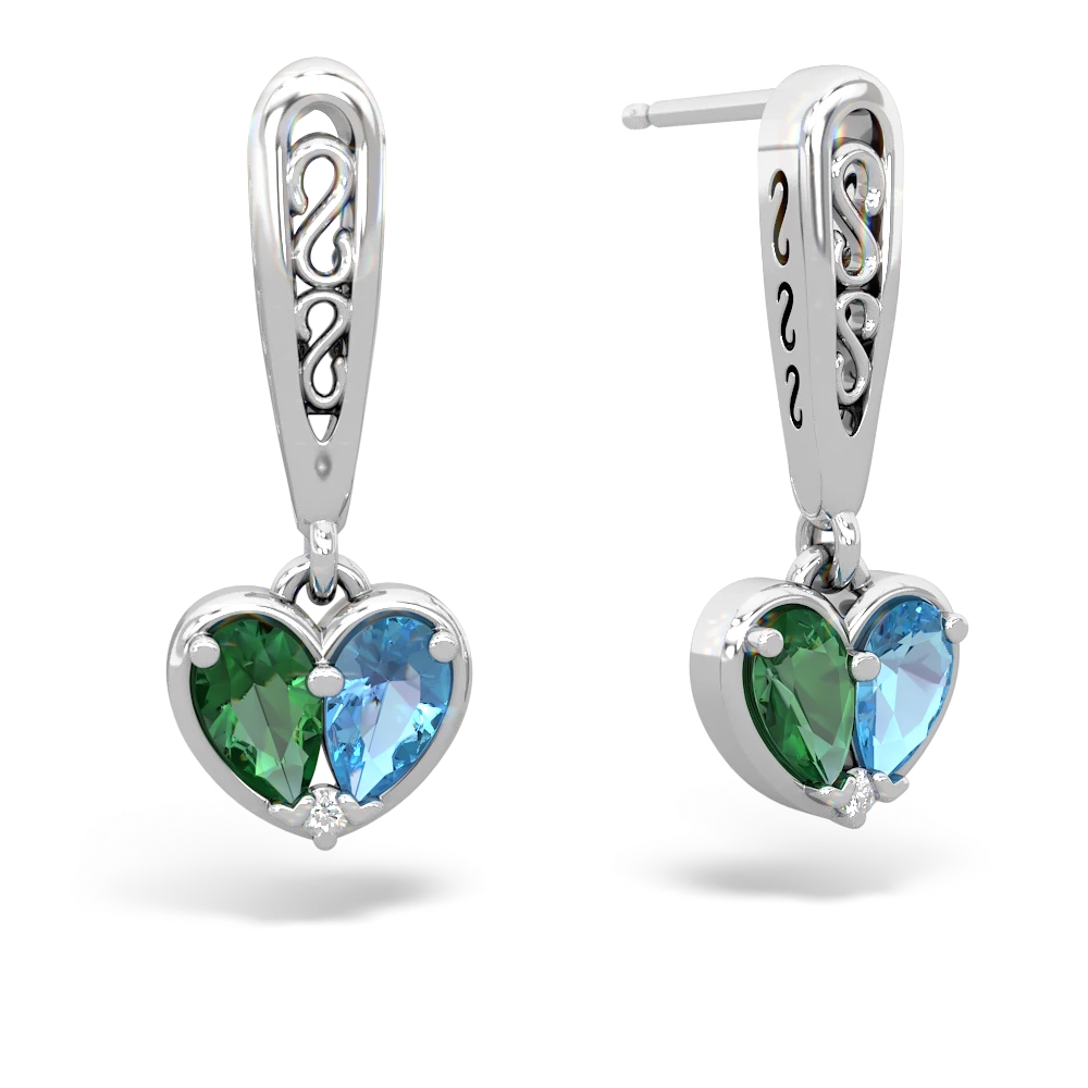 Lab Emerald Filligree Heart 14K White Gold earrings E5070