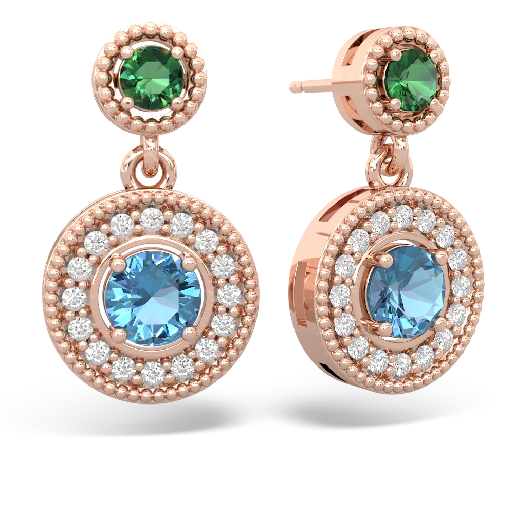 Lab Emerald Halo Dangle 14K Rose Gold earrings E5319