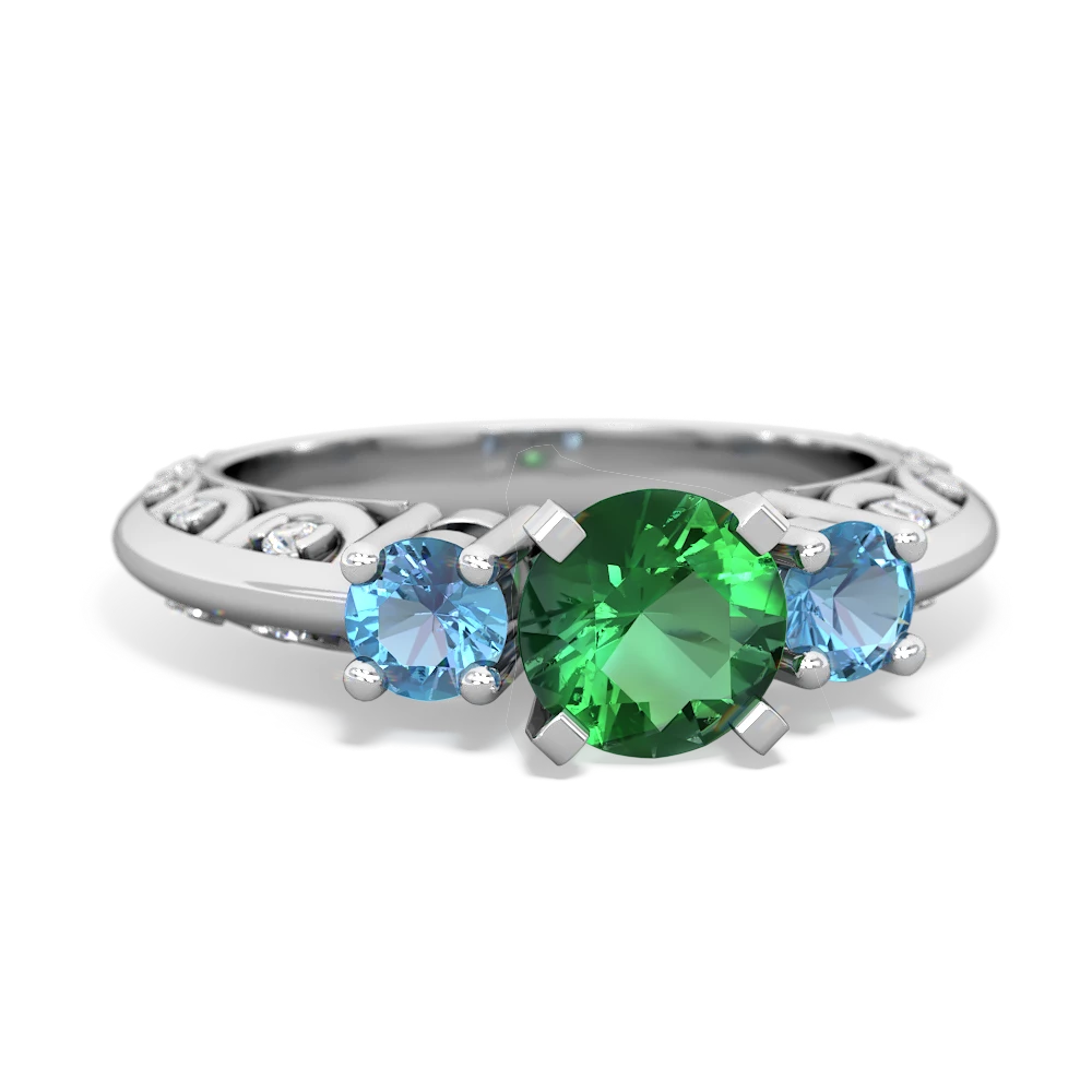 Lab Emerald Art Deco Eternal Embrace Engagement 14K White Gold ring C2003