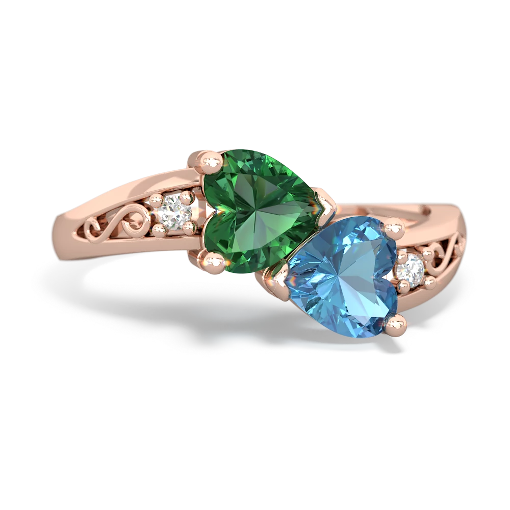 Lab Emerald Snuggling Hearts 14K Rose Gold ring R2178