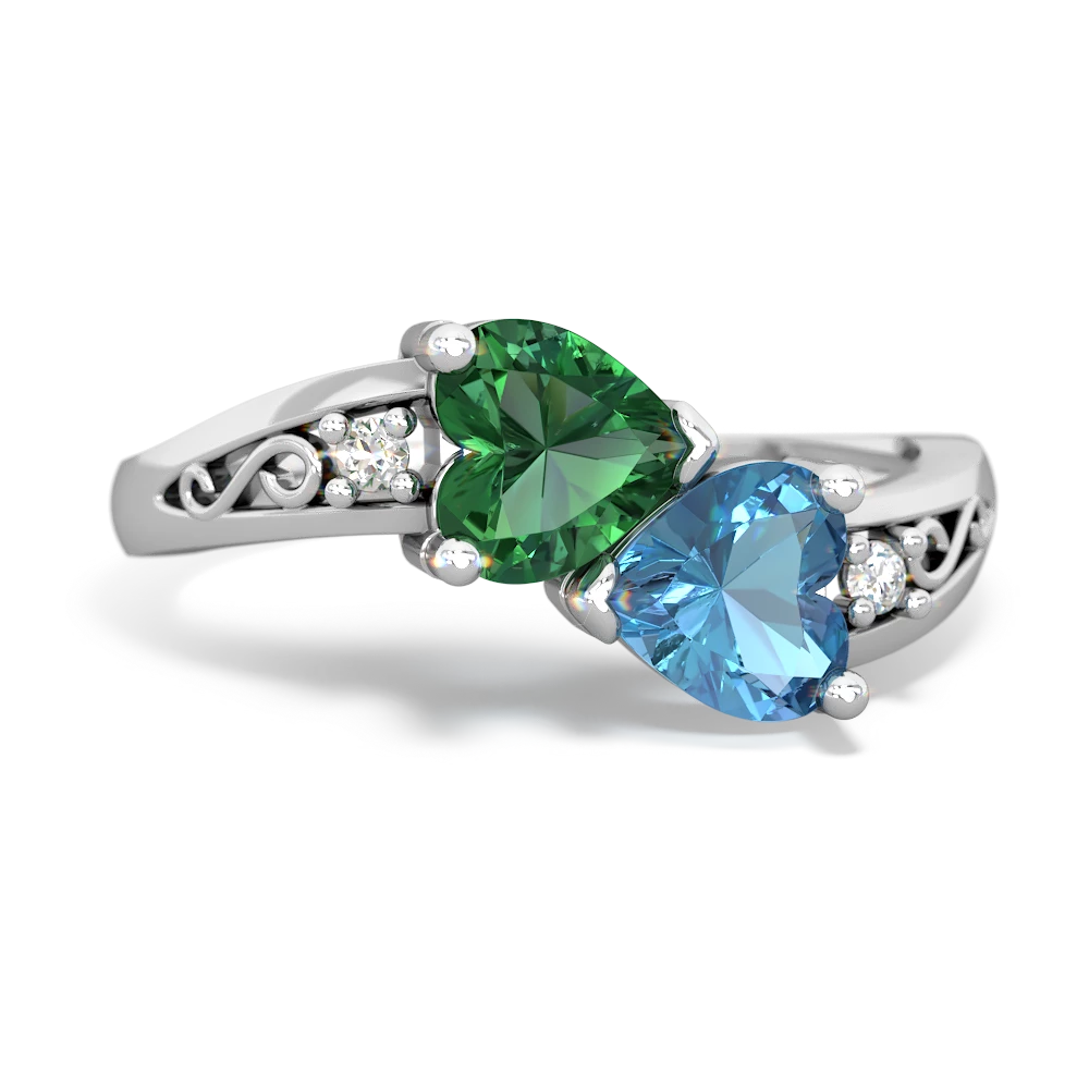 Lab Emerald Snuggling Hearts 14K White Gold ring R2178