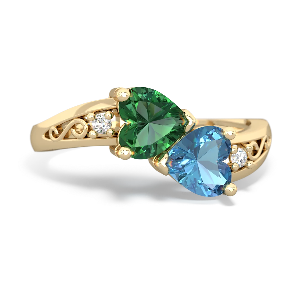 Lab Emerald Snuggling Hearts 14K Yellow Gold ring R2178