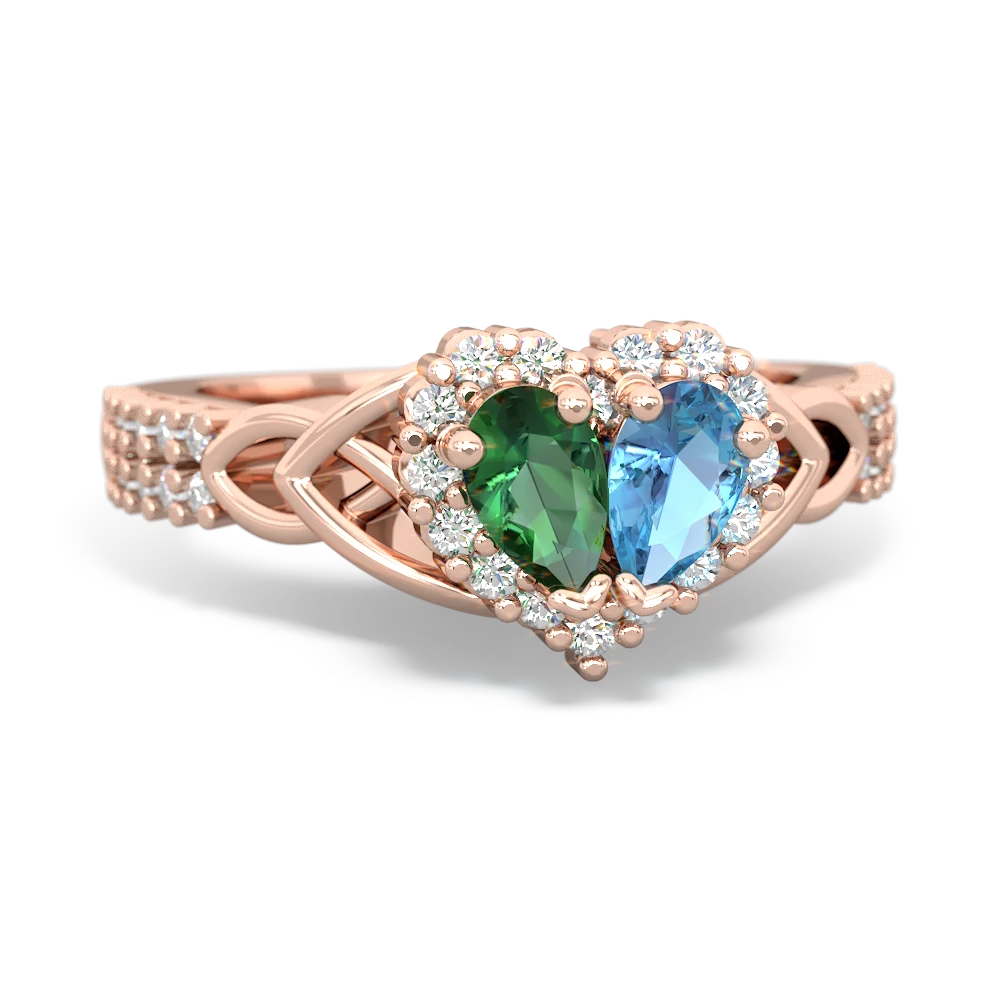 Lab Emerald Celtic Knot Two Hearts As One 14K Rose Gold ring R2644HRT