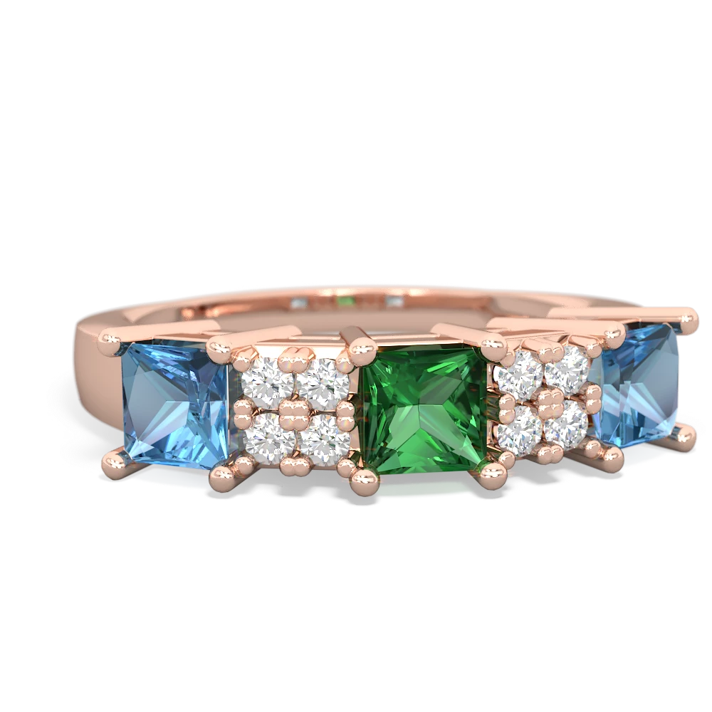 Lab Emerald Three Stone Diamond Cluster 14K Rose Gold ring R2592