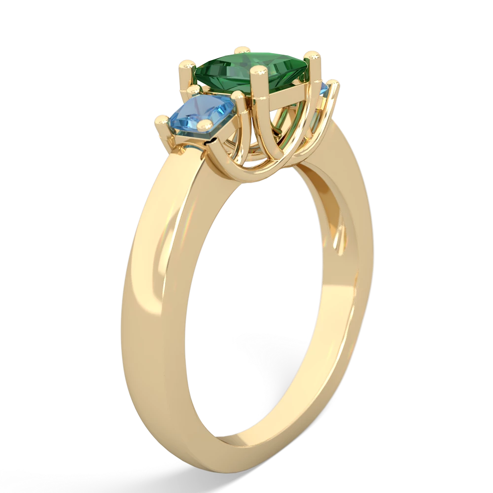 Lab Emerald Three Stone Trellis 14K Yellow Gold ring R4015