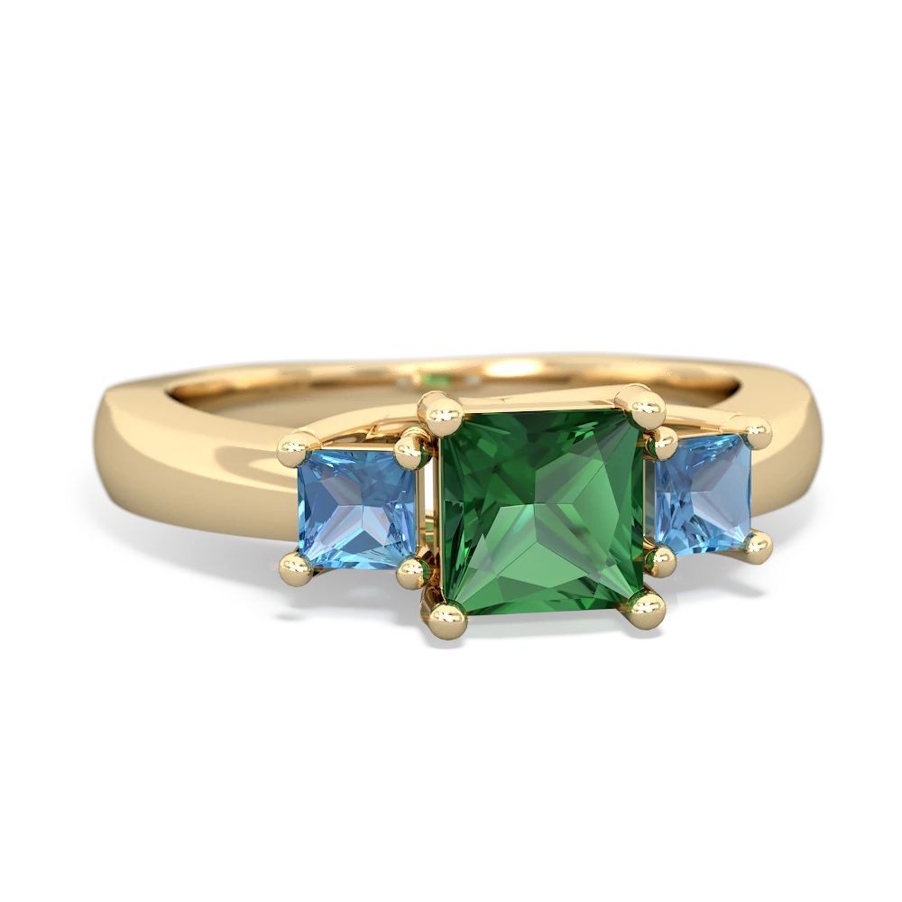 Lab Emerald Three Stone Trellis 14K Yellow Gold ring R4015