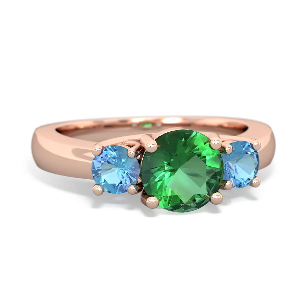 Lab Emerald Three Stone Round Trellis 14K Rose Gold ring R4018