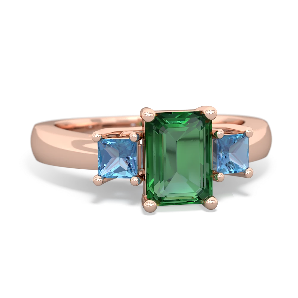 Lab Emerald Three Stone Emerald-Cut Trellis 14K Rose Gold ring R4021