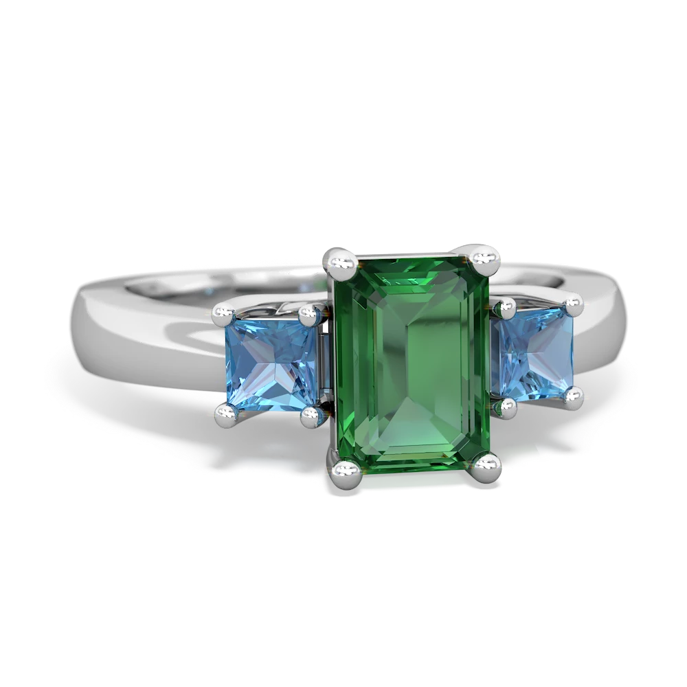 Lab Emerald Three Stone Emerald-Cut Trellis 14K White Gold ring R4021