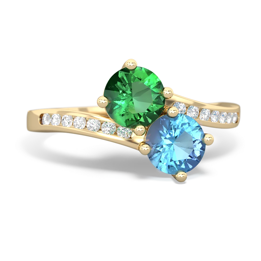 Lab Emerald Channel Set Two Stone 14K Yellow Gold ring R5303