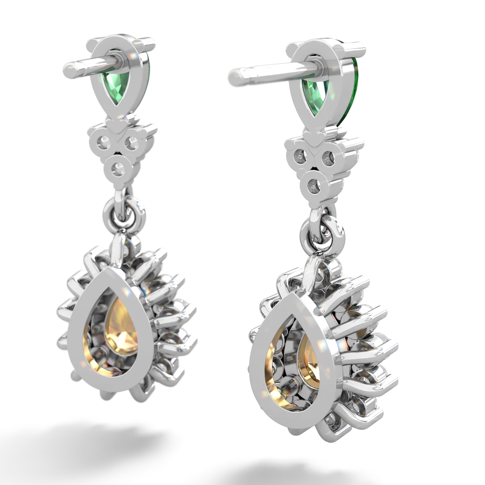 Lab Emerald Halo Pear Dangle 14K White Gold earrings E1882