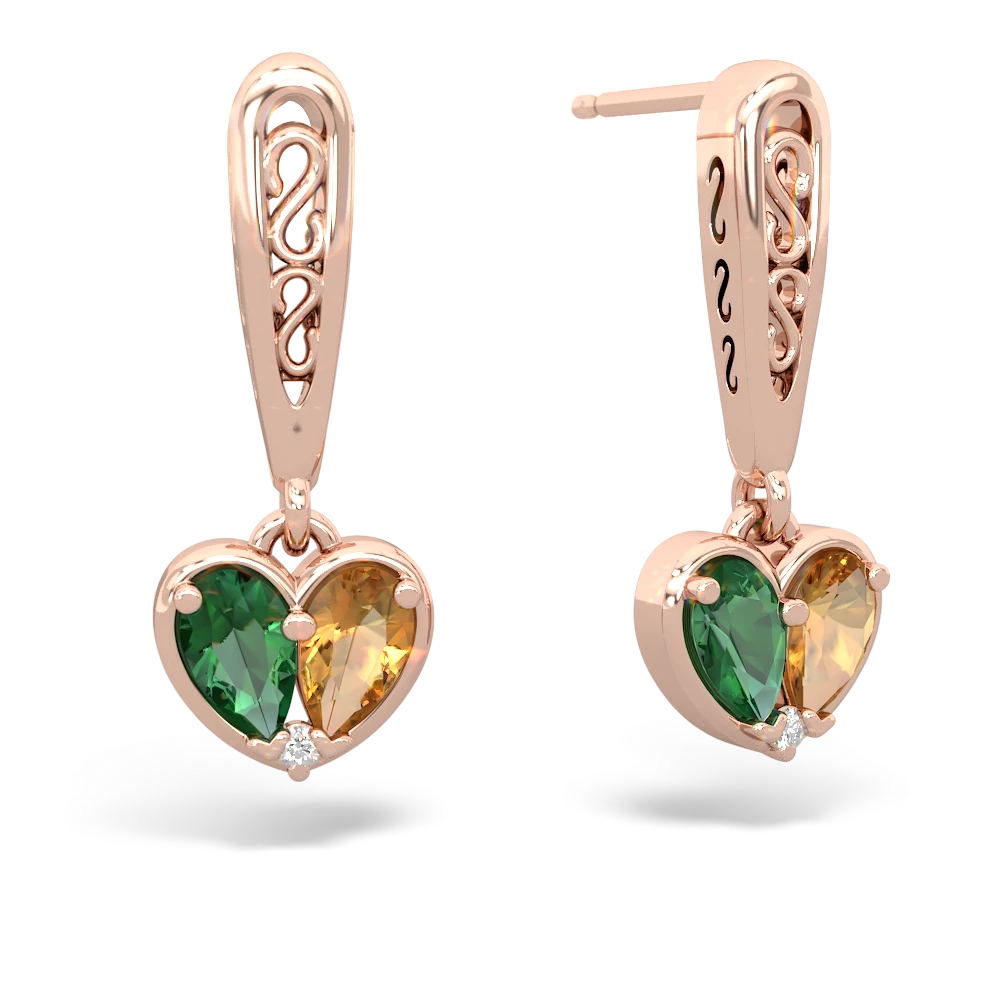 Lab Emerald Filligree Heart 14K Rose Gold earrings E5070