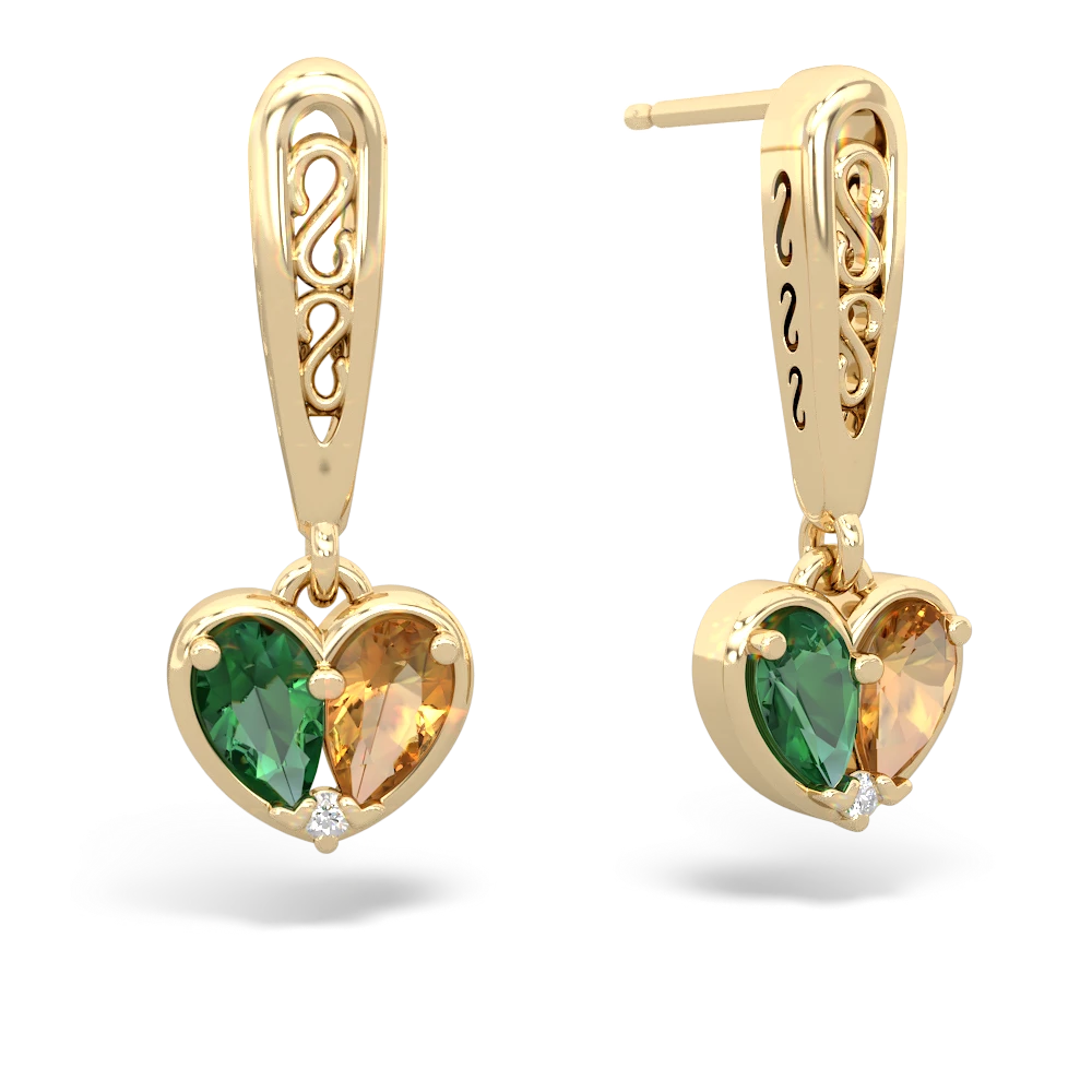 Lab Emerald Filligree Heart 14K Yellow Gold earrings E5070