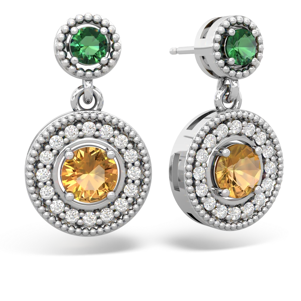 Lab Emerald Halo Dangle 14K White Gold earrings E5319