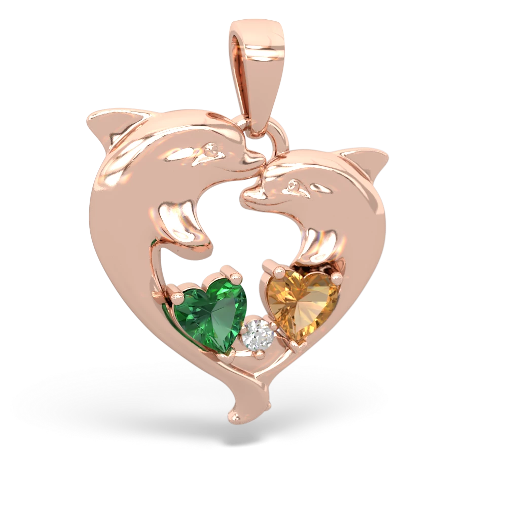 Lab Emerald Dolphin Heart 14K Rose Gold pendant P5820