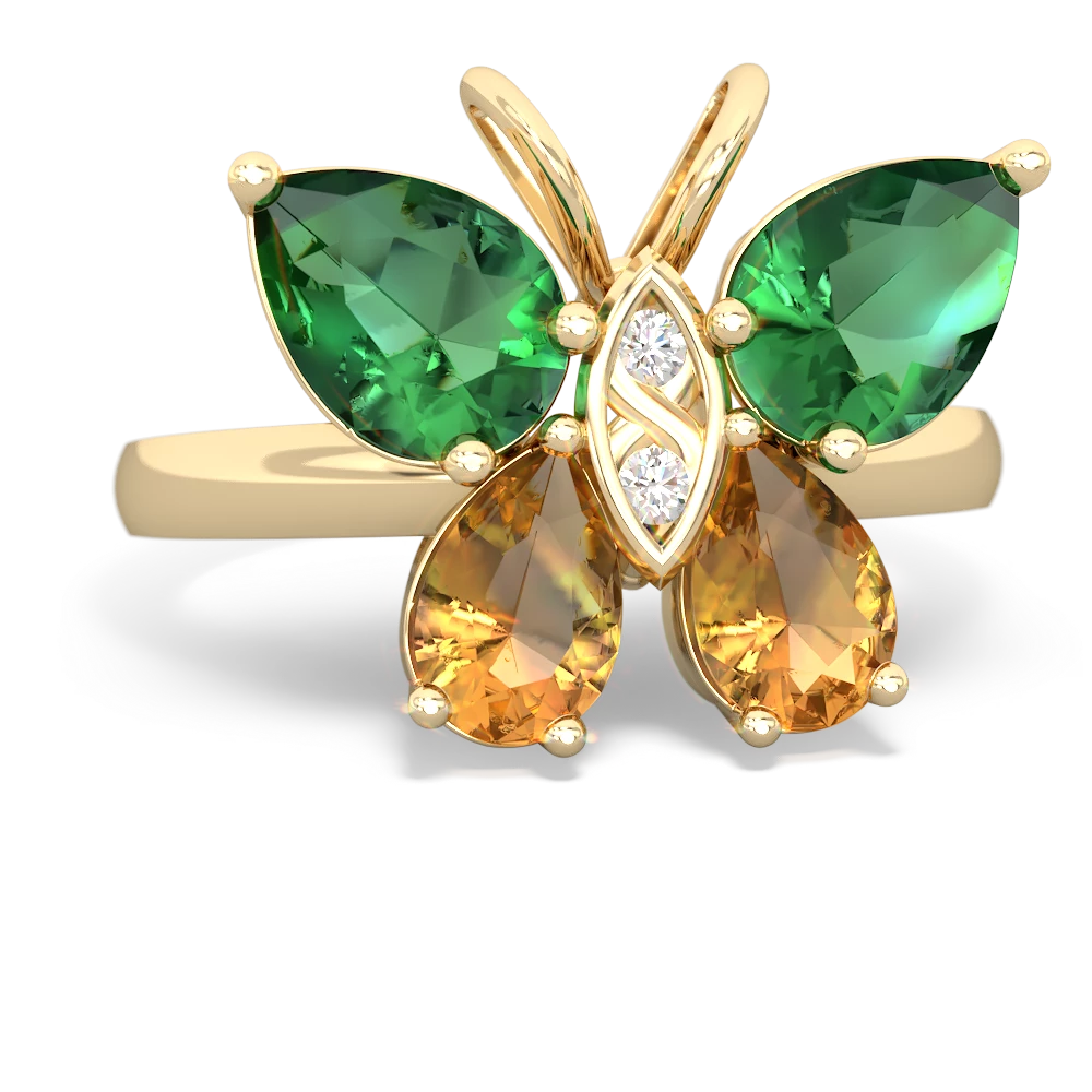Lab Emerald Butterfly 14K Yellow Gold ring R2215