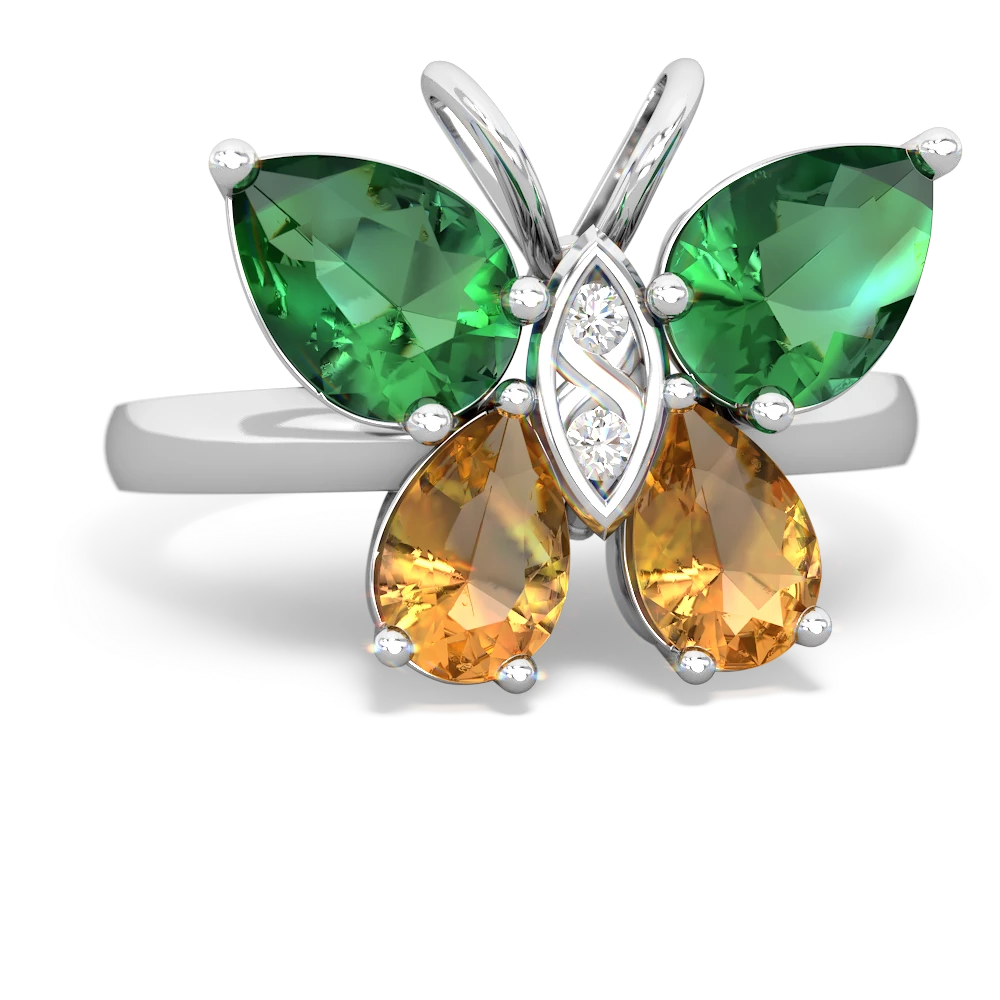 Lab Emerald Butterfly 14K White Gold ring R2215