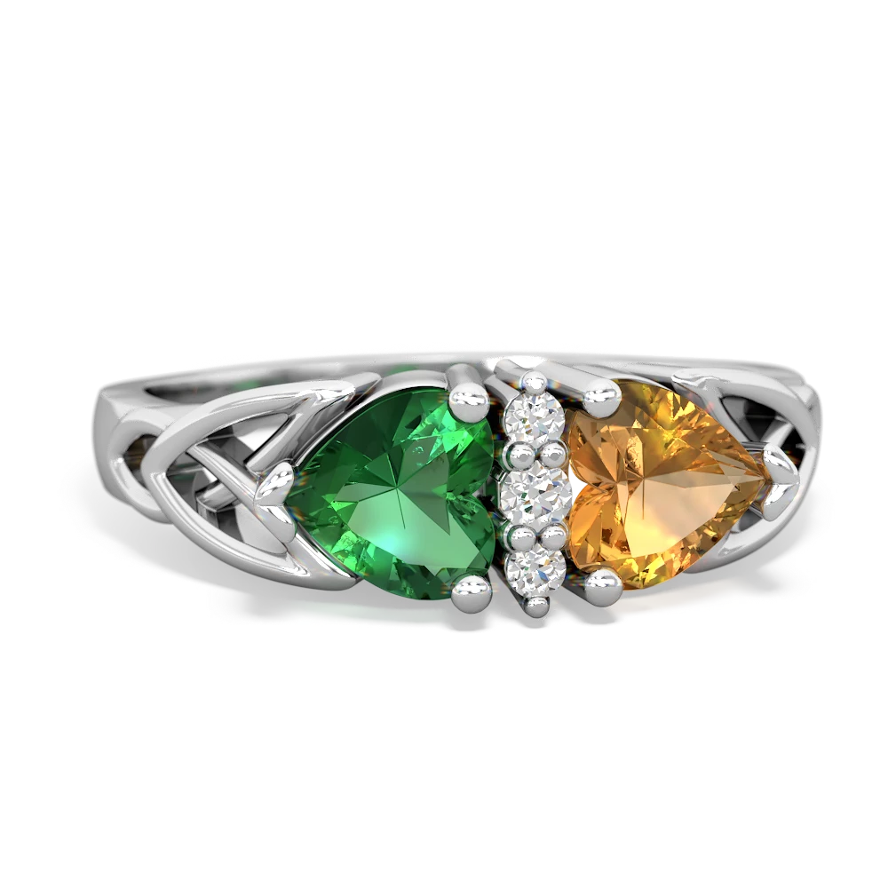 Lab Emerald Celtic Knot Double Heart 14K White Gold ring R5040