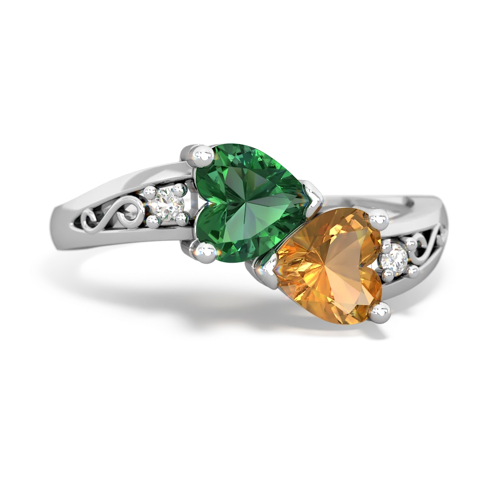 Lab Emerald Snuggling Hearts 14K White Gold ring R2178
