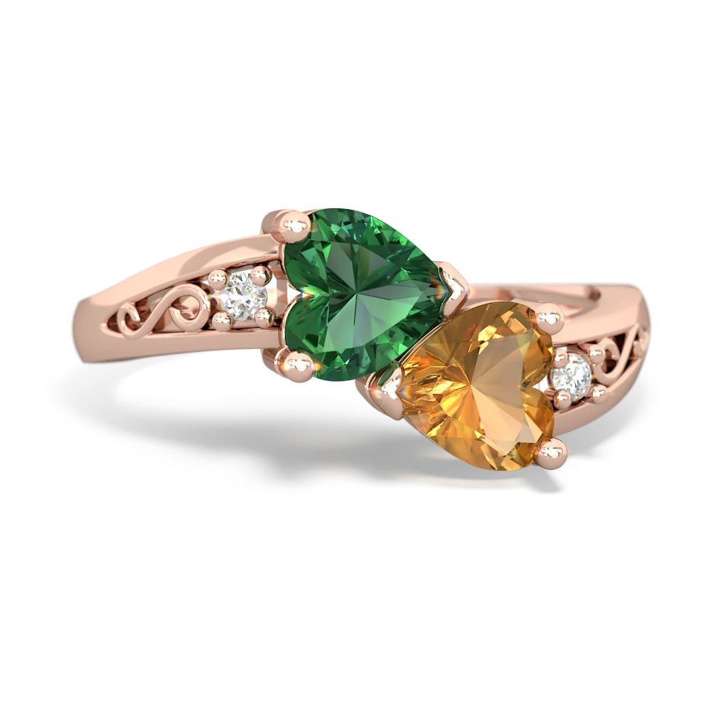 Lab Emerald Snuggling Hearts 14K Rose Gold ring R2178