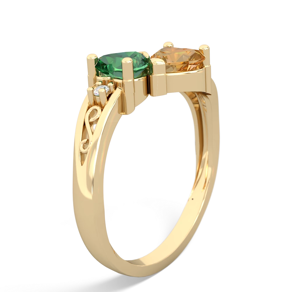 Lab Emerald Snuggling Hearts 14K Yellow Gold ring R2178