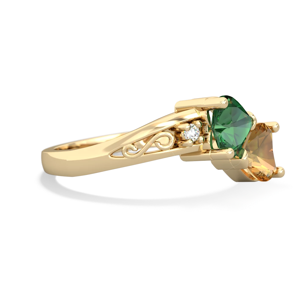 Lab Emerald Snuggling Hearts 14K Yellow Gold ring R2178