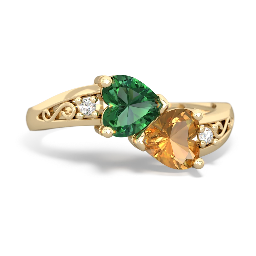 Lab Emerald Snuggling Hearts 14K Yellow Gold ring R2178