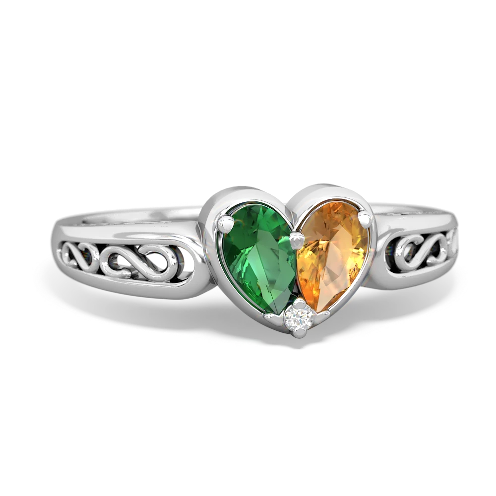 Lab Emerald Filligree 'One Heart' 14K White Gold ring R5070