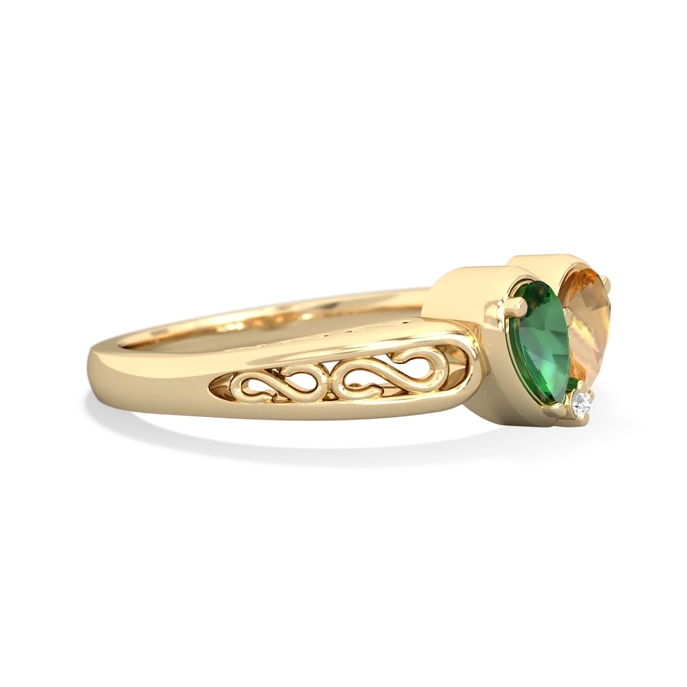 Lab Emerald Filligree 'One Heart' 14K Yellow Gold ring R5070