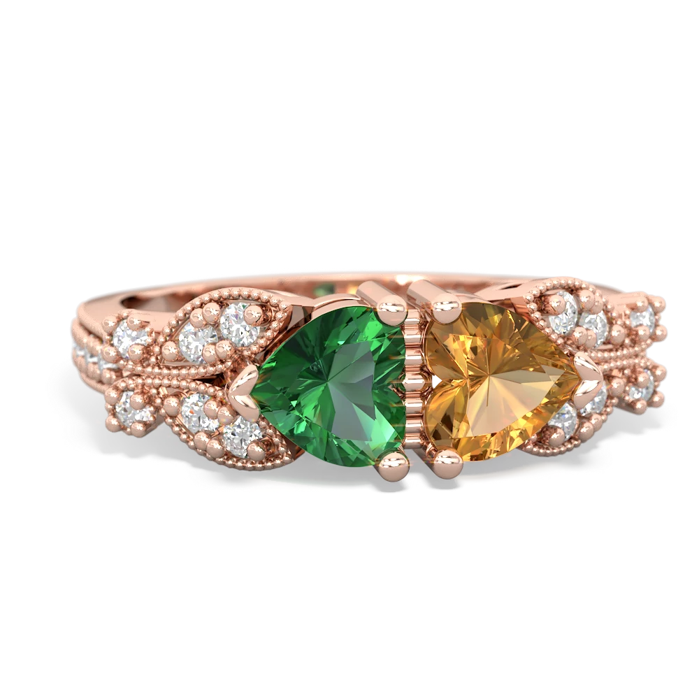 Lab Emerald Diamond Butterflies 14K Rose Gold ring R5601