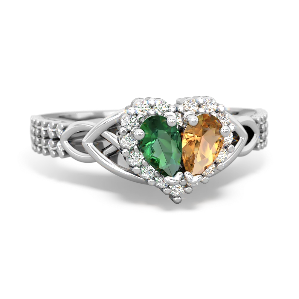 Lab Emerald Celtic Knot Two Hearts As One 14K White Gold ring R2644HRT