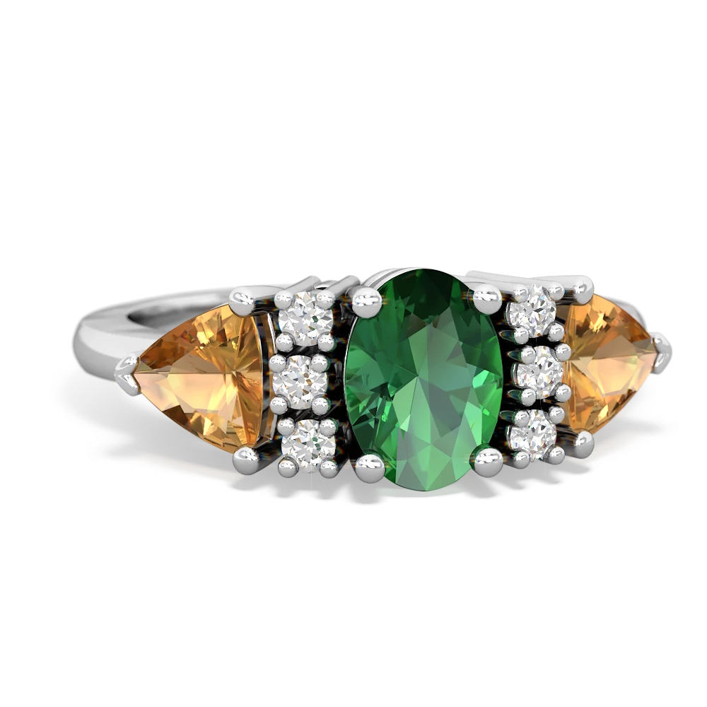 Lab Emerald Antique Style Three Stone 14K White Gold ring R2186