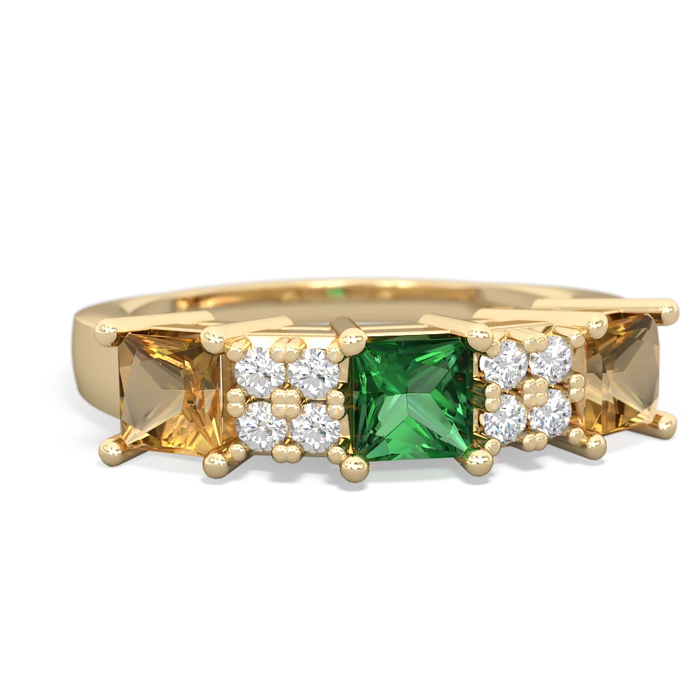 Lab Emerald Three Stone Diamond Cluster 14K Yellow Gold ring R2592