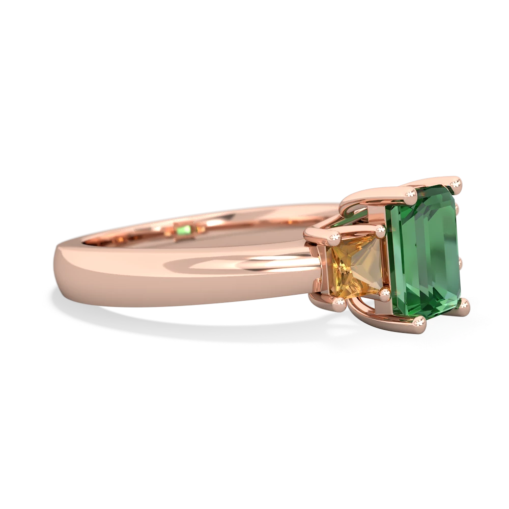 Lab Emerald Three Stone Emerald-Cut Trellis 14K Rose Gold ring R4021