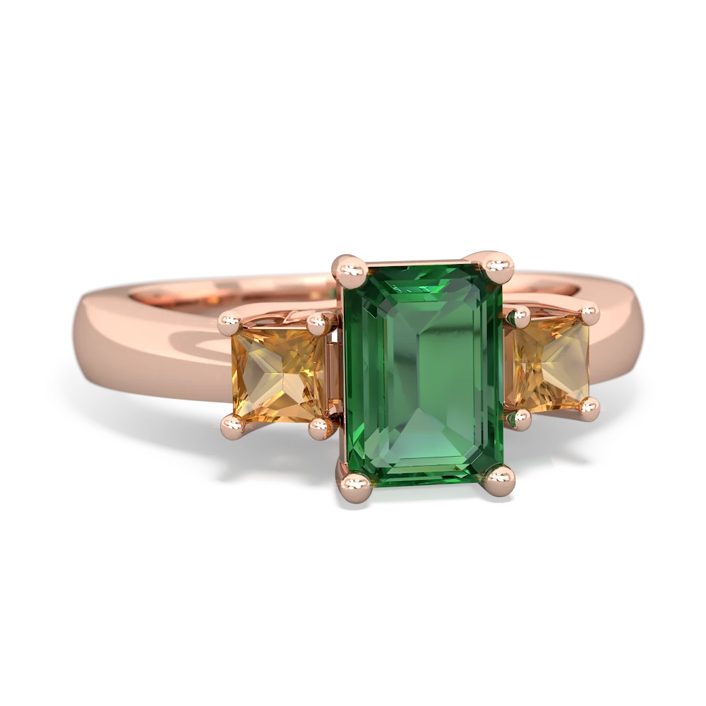 Lab Emerald Three Stone Emerald-Cut Trellis 14K Rose Gold ring R4021