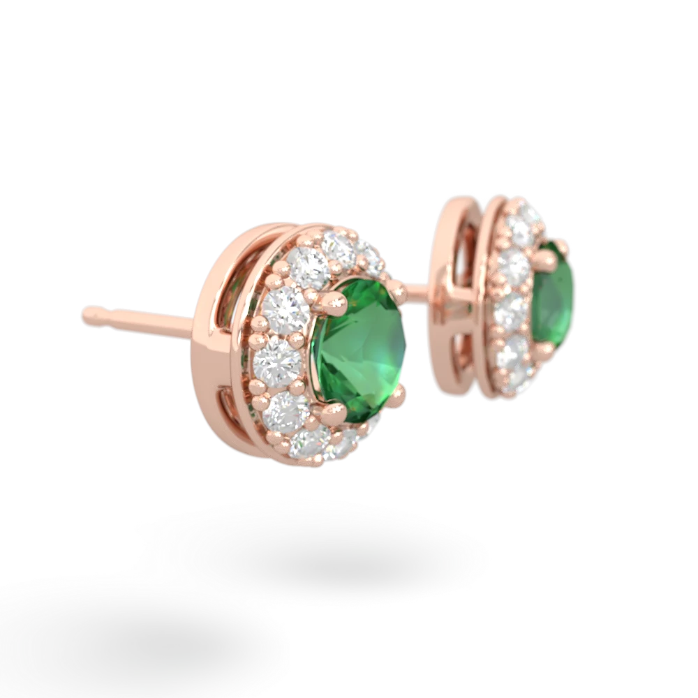 Lab Emerald Diamond Halo 14K Rose Gold earrings E5370