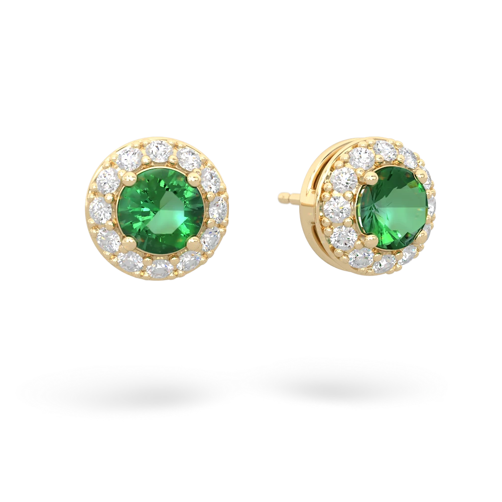 Lab Emerald Diamond Halo 14K Yellow Gold earrings E5370
