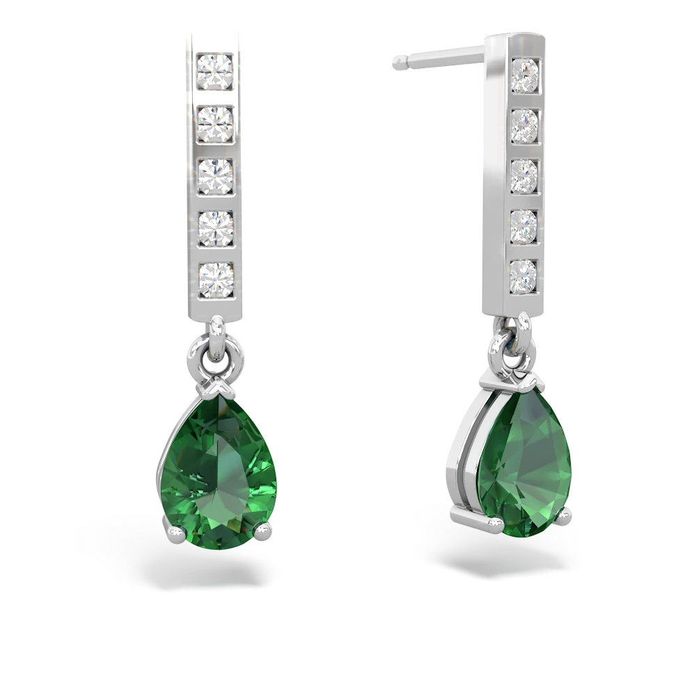 Lab Emerald Art Deco Diamond Drop 14K White Gold earrings E5324