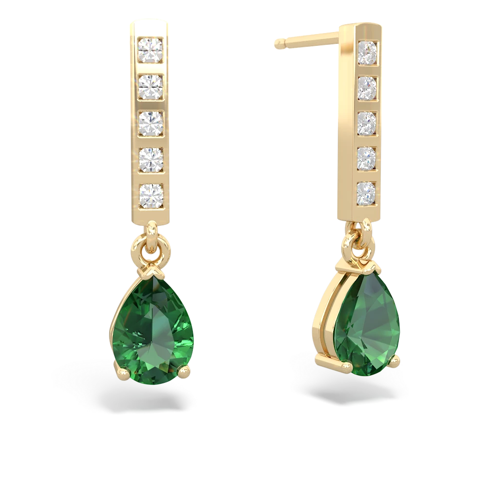 Lab Emerald Art Deco Diamond Drop 14K Yellow Gold earrings E5324
