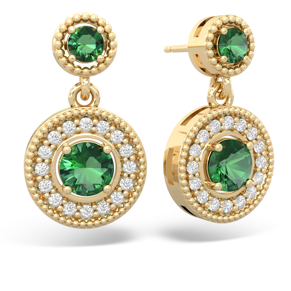 Lab Emerald Halo Dangle 14K Yellow Gold earrings E5319