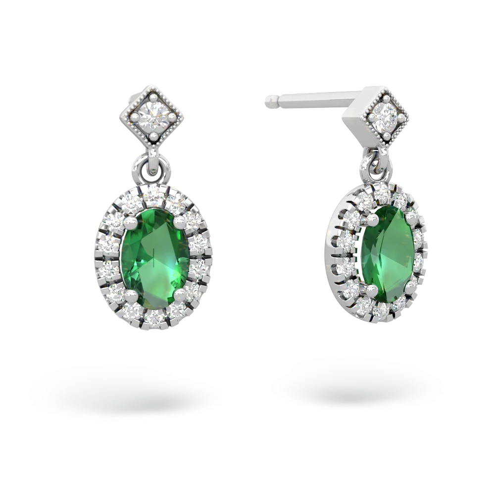 Lab Emerald Antique-Style Halo 14K White Gold earrings E5720