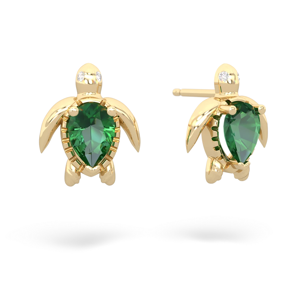 Lab Emerald Baby Sea Turtle 14K Yellow Gold earrings E5241
