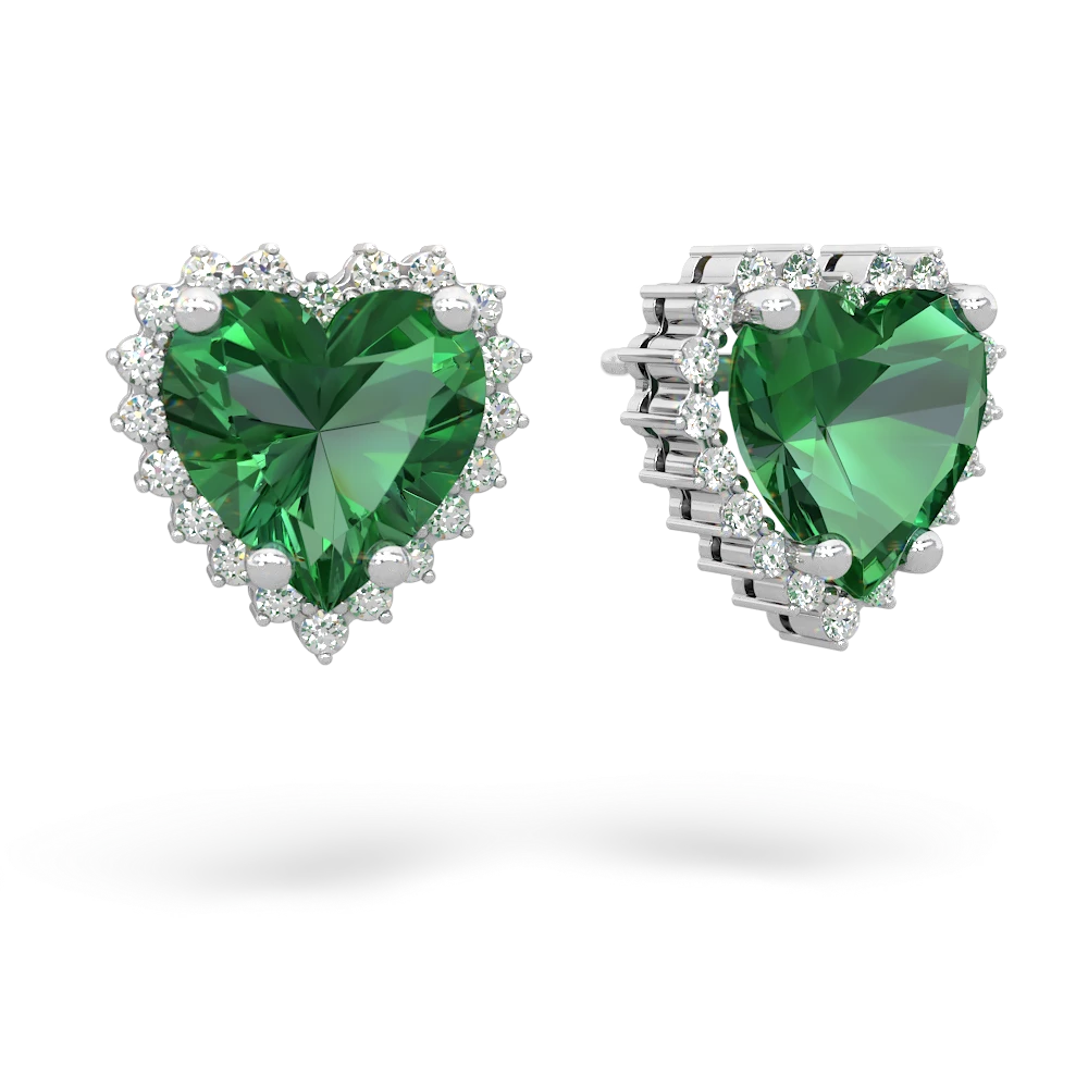 Lab Emerald Sparkling Halo Heart 14K White Gold earrings E0391